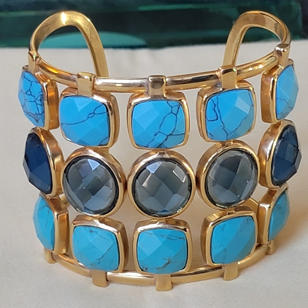 New ABS ALLEN SCHWARTZ Gold and Blue Crystal Turquoise Resin Cuff Bracelet